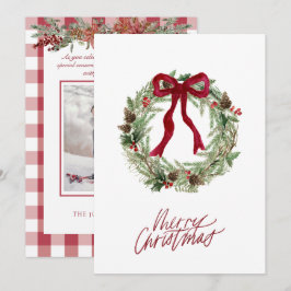 レッドホワイトチェックプレイドクリスマスリースボウフォト シーズンカード