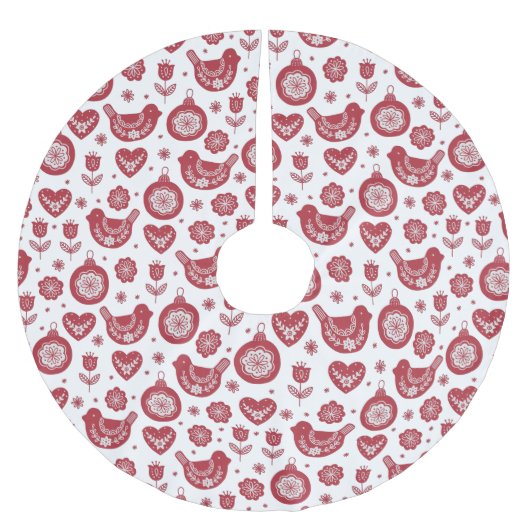 レッドホワイトノルディック鳥球クリスマス ブラッシュドポリエステルツリースカート (正面)