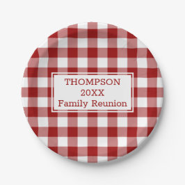 レッドホワイトバッファローチェックあなたの名前ファミリー懇親会 ペーパープレート