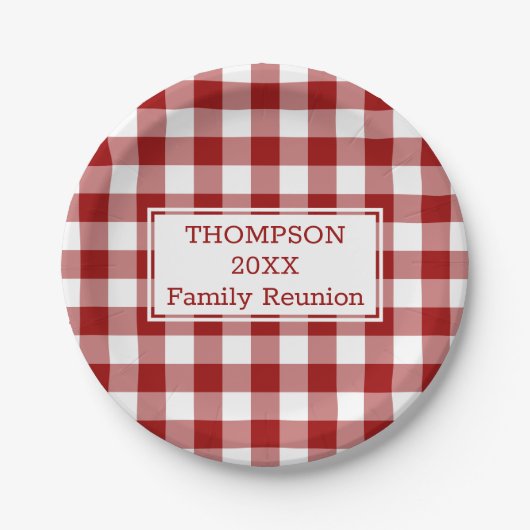 レッドホワイトバッファローチェックあなたの名前ファミリー懇親会 ペーパープレート (正面)