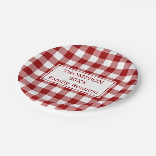レッドホワイトバッファローチェックあなたの名前ファミリー懇親会 ペーパープレート (アングル)