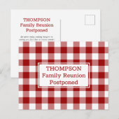 レッドホワイトバッファローチェック延期された家族懇親会 案内ポストカード (正面/裏面)