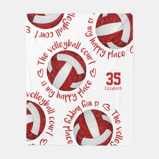 レッドホワイトバレーボールコートhappy placeタイポグラフィ フリースブランケット (正面)
