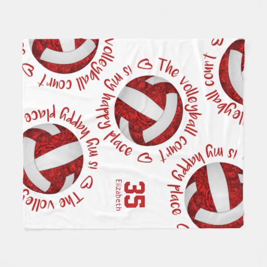 レッドホワイトバレーボールコートhappy placeタイポグラフィ フリースブランケット (正面(横))