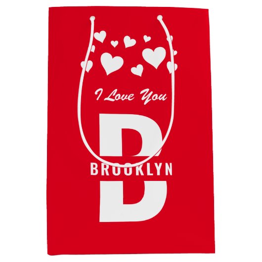 レッドホワイトヒッスターモノグラムハッピーバレンタインデー ミディアムペーパーバッグ (正面)