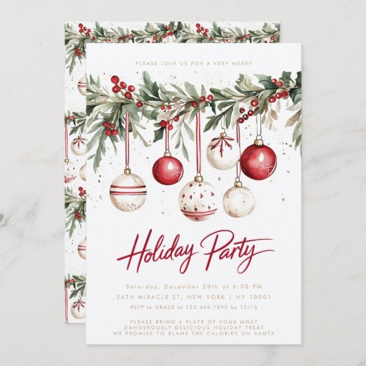 レッドホワイトフェスティバルオーナメントズボーブルズホリデーパーティー 招待状 (正面/裏面)