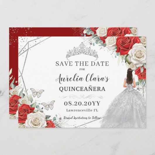 レッドホワイトフローラシルバードレスキンセアニェラスウィート16 セーブザデート (正面/裏面)