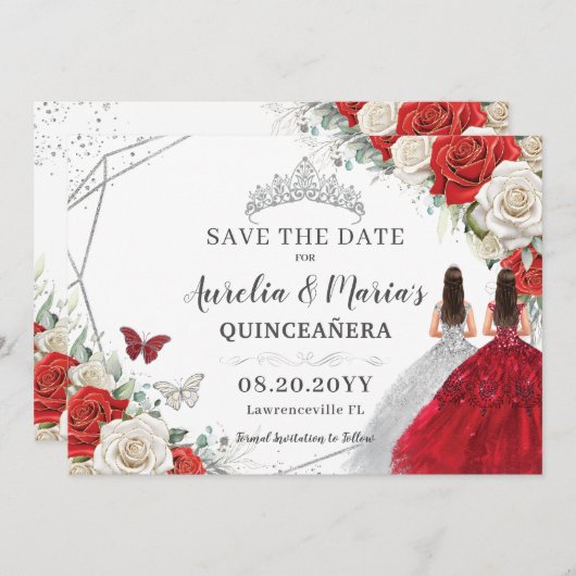 レッドホワイトフローラツインズシルバーキンセアニェラスウィート16 セーブザデート (正面/裏面)