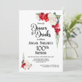 レッドホワイトフローラディナー&ドリンク100誕生日 招待状 (スタンド正面)