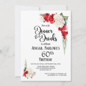 レッドホワイトフローラディナー&ドリンク60誕生日 招待状 (正面)