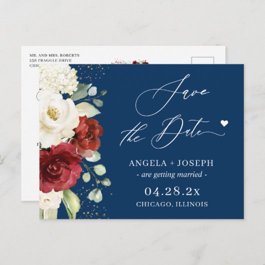 レッドホワイトフローラネイビーブルーウェディング日付を保存 ポストカード (正面/裏面)