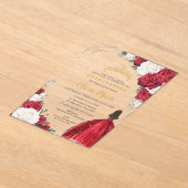 レッドホワイトフローラプリンセスドレス金ゴールドキンセアニラ アクリル招待状 (レイダウン)