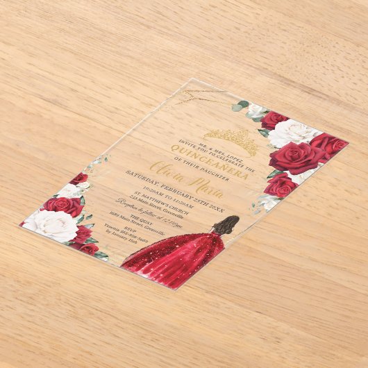 レッドホワイトフローラプリンセスドレス金ゴールドキンセアニラ アクリル招待状 (レイダウン)