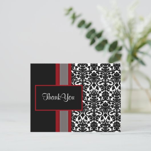 レッドホワイトブラックダマスクウェディング招待状 ポストカード (スタンド正面)