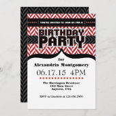 レッドホワイトブラックヘリンボーン誕生日招待状 招待状 (正面/裏面)