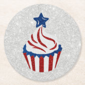 レッドホワイトブルーカップケーキ7月4日グリッター ラウンドペーパーコースター (正面)