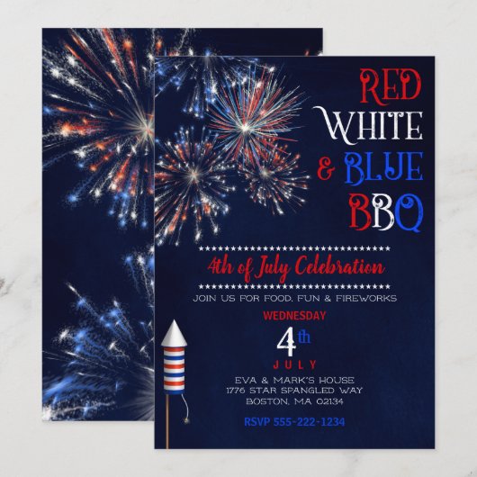 レッドホワイトブルー BBQ 7月4日 招待状 (正面/裏面)