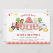 レッドホワイトプレイドオインクバモーーファーム1歳の誕生日 招待状 (正面)