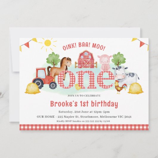 レッドホワイトプレイドオインクバモーーファーム1歳の誕生日 招待状 (正面)