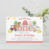 レッドホワイトプレイドオインクバモーーファーム1歳の誕生日 招待状 (スタンド正面)