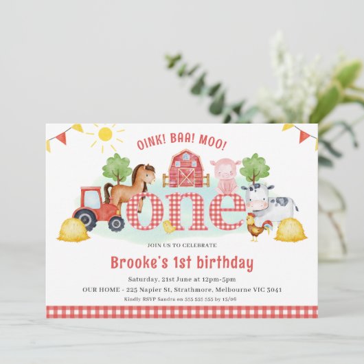 レッドホワイトプレイドオインクバモーーファーム1歳の誕生日 招待状 (スタンド正面)