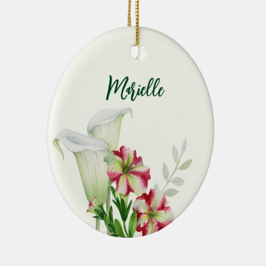 レッドホワイトペチュニアスアンドキャラリリーイラストレーション セラミックオーナメント (右)