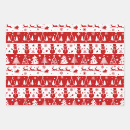 レッドホワイトホリディツリーズ、そり、および雪だるま ラッピングペーパーシート
