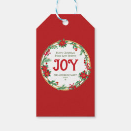 レッドホワイトポインセチアリースレトロメリークリスマス ギフトタグ