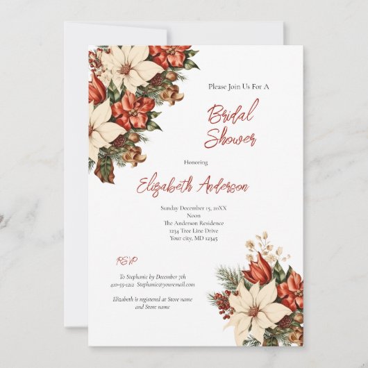 レッドホワイトポインセティアウィンターホリデイブライダルシャワー 招待状 (正面)