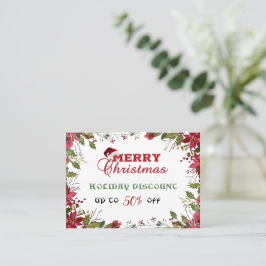 レッドホワイトポインセティアフレームホリディディスカウント 割引カード (スタンド正面)