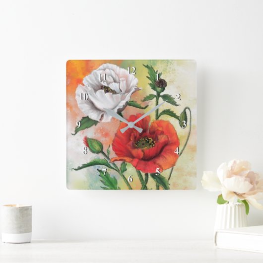 レッドホワイトポピーウォ絵画ール時計 スクエア壁時計 (ホーム)