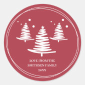 レッドホワイトミニマリストのクリスマスツリー ラウンドシール (正面)
