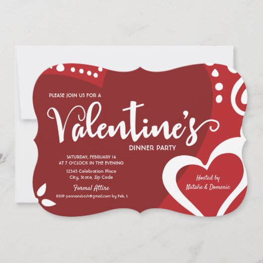 レッドホワイトモダンバレンタインディナーパーティの招待状 招待状 (正面)