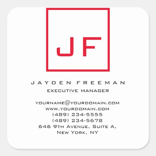 レッドホワイトモノグラムモダンミニマリストあなたの名前 スクエアシール (正面)
