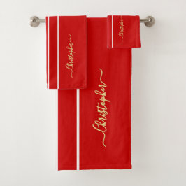 レッドホワイトレーシングストライプ金ゴールドフェイクモノグラムの バスタオルセット