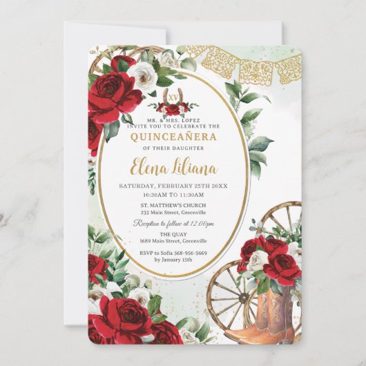 レッドホワイトローズシャーロブーツスウィート16キンセアニラ 招待状 (正面)