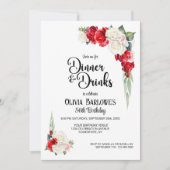 レッドホワイトローズフローラディナーアンドドリンク誕生日 招待状 (正面)