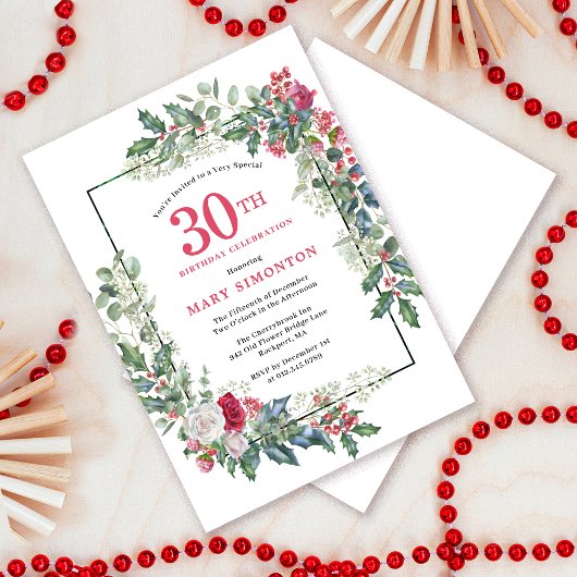 レッドホワイトローズフローラホリー30歳の誕生日パーティー 招待状