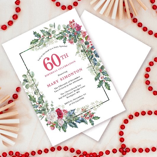 レッドホワイトローズフローラホリー60thバースデーパーティー 招待状