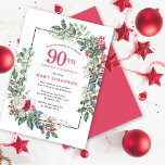 レッドホワイトローズフローラホリー90thバースデーパーティー 招待状<br><div class="desc">繊細でフェスティバルの休日フレームは、ホリーとユーカリ赤と白のバラに囲まれた葉を含む。誕生日のお祝いの名前と誕生日の年は書赤色でかわいらしある。冬の誕生日パーティーに最適。簡単カスタマイズ。</div>