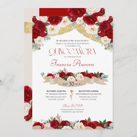 レッドホワイトローゼス牡丹エレガントキンセアニェラインヴィータ 招待状 (正面/裏面)