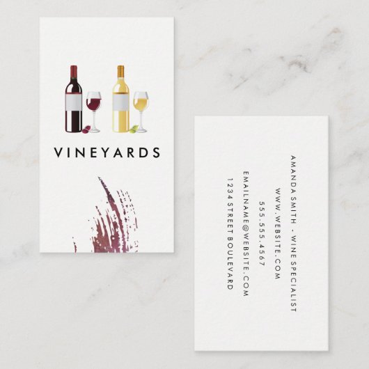 レッドホワイトワインボトルとグラス 名刺 (正面/裏面)