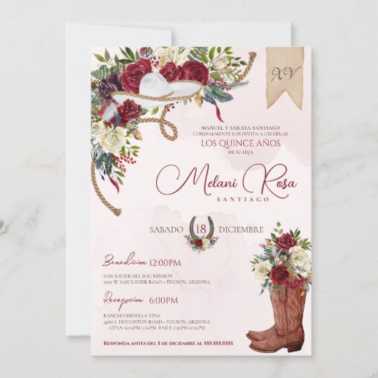 レッドホワイト冬バラシャルロスペインのキンセアニェラ 招待状 (正面)