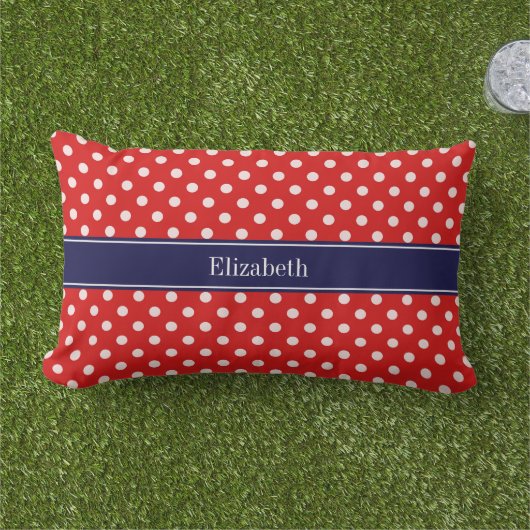 レッドホワイト水玉模様ネイビーブルーリボンモノグラム アウトドアクッション (芝生)