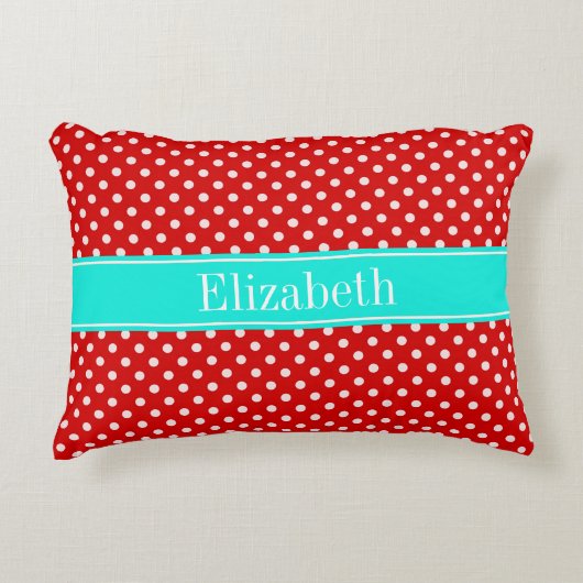 レッドホワイト水玉模様ブライトアクアリボンモノグラム アクセントクッション (正面)