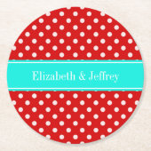 レッドホワイト水玉模様ブライトアクアリボンモノグラム ラウンドペーパーコースター (正面)