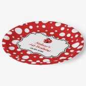 レッドホワイト水玉模様ラディバグフレーム子供の誕生日 ペーパープレート (アングル)
