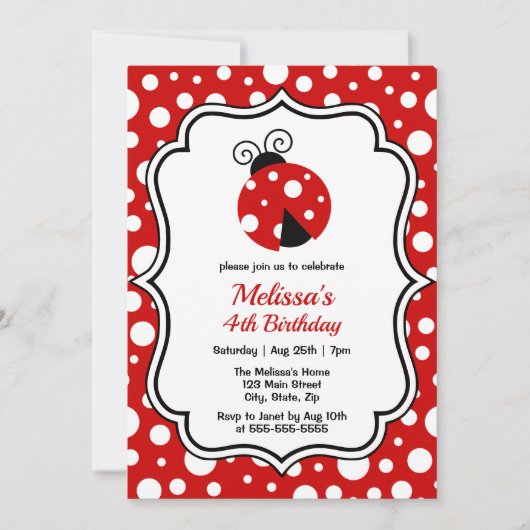 レッドホワイト水玉模様ラディバグフレーム子供の誕生日 招待状 (正面)