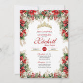 レッドホワイト金ゴールドホリデーフローラウィンターキンセニェラ 招待状 (正面)