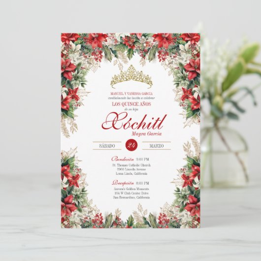 レッドホワイト金ゴールドホリデーフローラウィンターキンセニェラ 招待状 (スタンド正面)